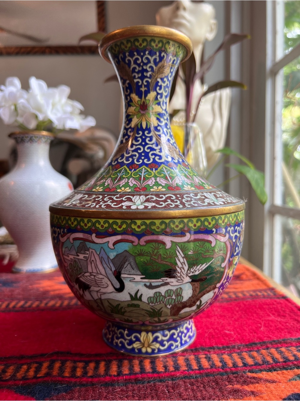 Antique Blue Scenic Cloisonné Vase with Cranes Price Firm